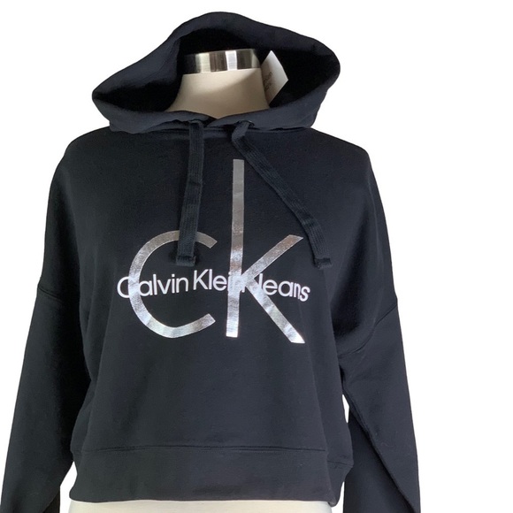 Calvin Klein Jeans Silver CK Spell Out Logo Black Hooded Factory Crop Sweatshirt - Picture 5 of 8